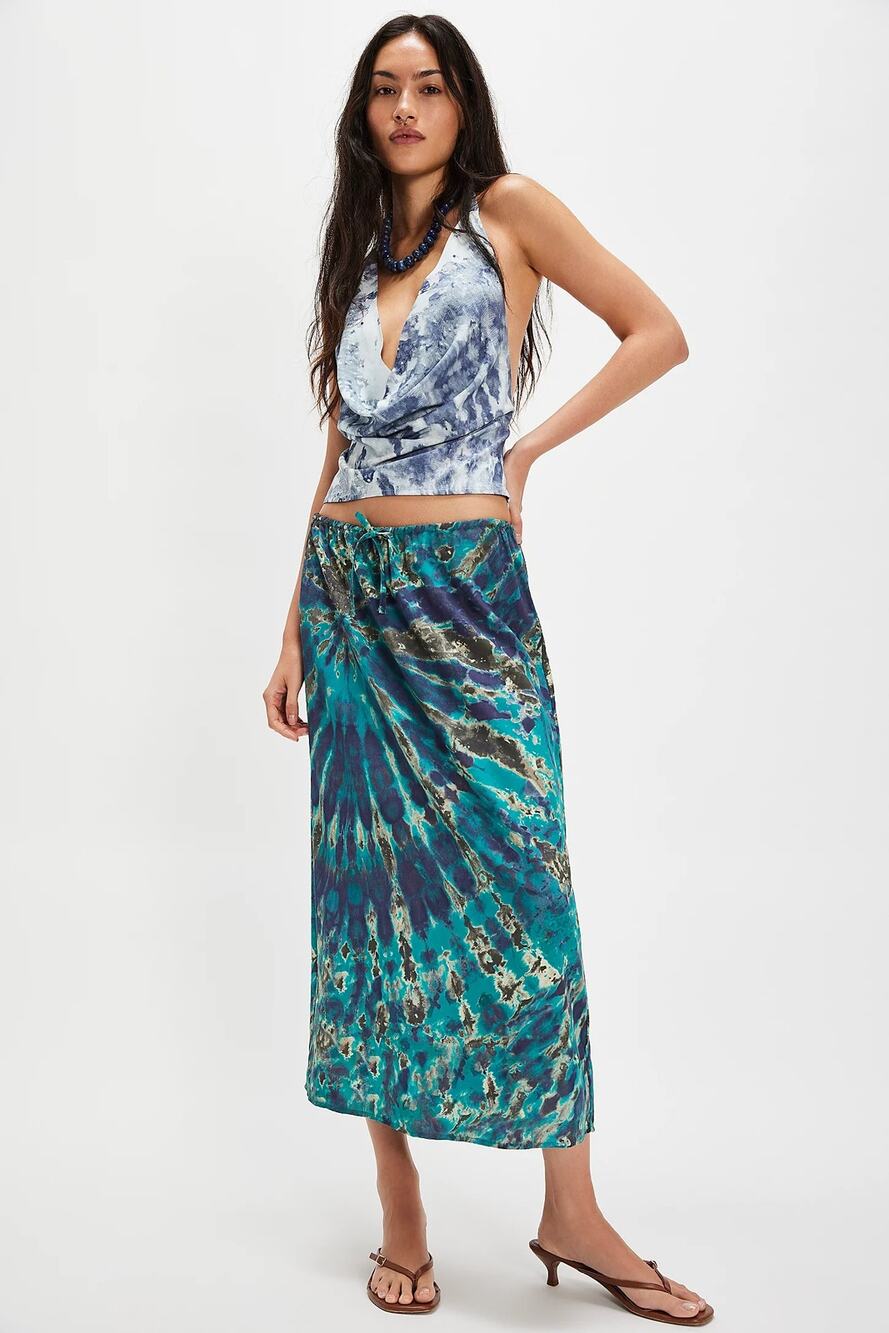 New Free People Tropical Oasis Maxi Skirt Set $128 Medium Blue Ocean Combo